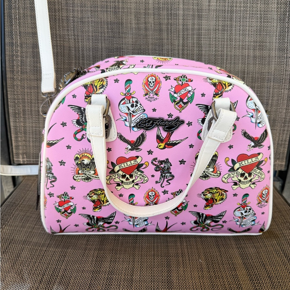 PINK WHITE ED HARDY CROSSBODY SATCHEL Weekender ICONIC TATTOOS SUMMER